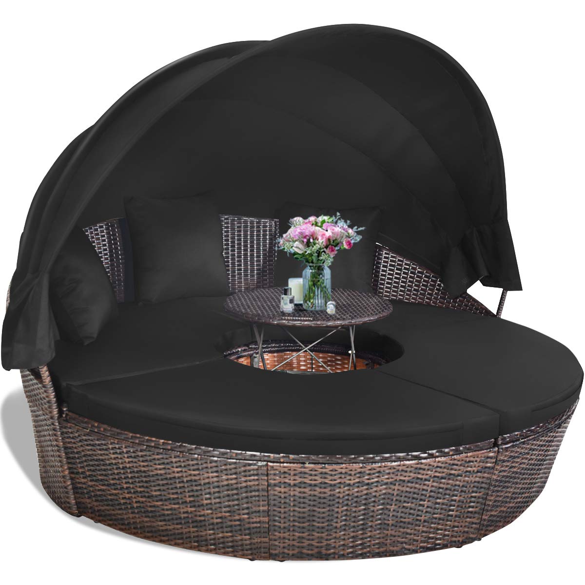 Tangkula Lit de repos rond de terrasse avec auvent rétractable, ensembles de meubles d'extérieur en rotin osier